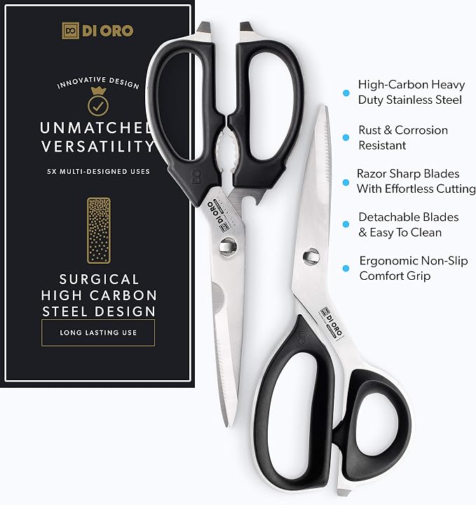 DI ORO Kitchen Shears - Heavy-Duty Stainless Steel Scissors | Cuts poultry, herbs, meat, and packaging; Comes apart for a full dishwasher clean; Micro-serrated blades grip and hold