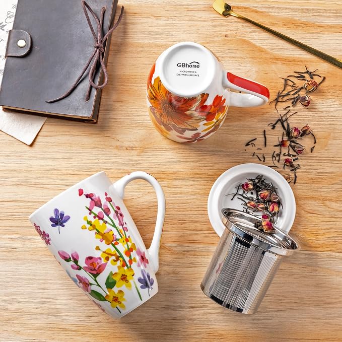 GBhome Tea Mug with Infuser and Lid,18 Ounce Ceramic Loose Leaf Cup Steeper | Lead-Free Glaze For Tea Lovers,Microwave & Dishwasher Safe with Tea Strainer