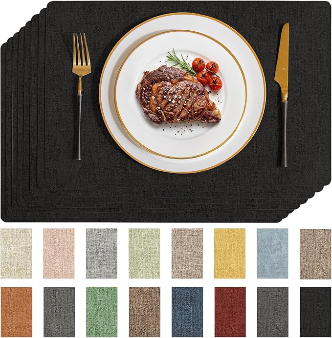 Romanstile Vinyl Placemats Set of 8-12 X 17 Inch - Faux Leather 100% Waterproof Wipeable Anti Slip Place Mats, Heat Resistant Reversible PU Table Mats for Kitchen Dining Party Outdoor, Black