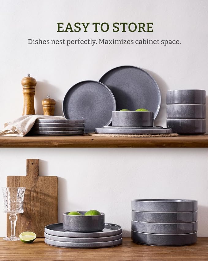 Famiware Annecy 16-Piece Stoneware Plates and Bowls, Misty Blue | Reactive Glaze Dinnerware Set with Pasta Bowls, Service for 4 - Chip & Scratch Resistant, Microwave & Dishwasher Safe
