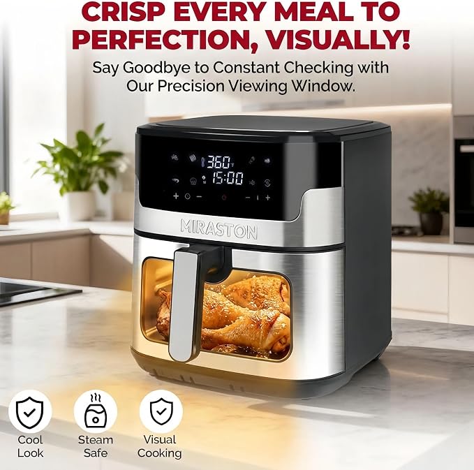 8.5QT Digital Air Fryer, XL Stainless Steel Oven with Clear Window | HEALTHY COOKING: Large air fryer for 5-6 people; PFAS-free coating for toxin-free meals & effortless dishwasher clean.