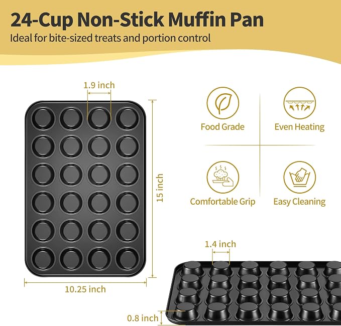 TeamFar Mini Muffin Pan, 24-Cup Non-Stick Cupcake Tray Tin for Baking | Carbon Steel Small Cup Cake Bakeware for Bite-Sized Cheesecake Tart Quiches, Even Baking & Effortless Release & Easy Clean