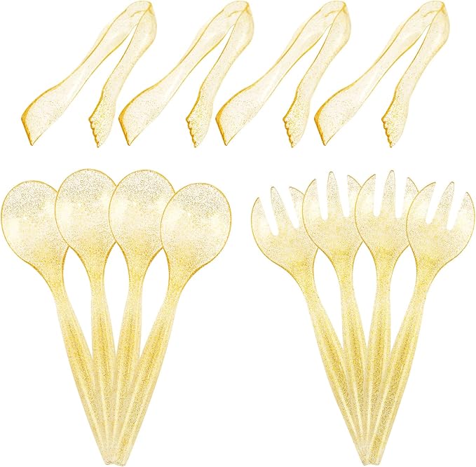 72pcs Gold Glitter Plastic Serving Utensils Set for Party &Buffet | 24 Serving Spoons(10"), 24 Forks (10")& 24 Tongs(6"), Clear Gold Disposable Serving Utensils for Weddings, Birthdays
