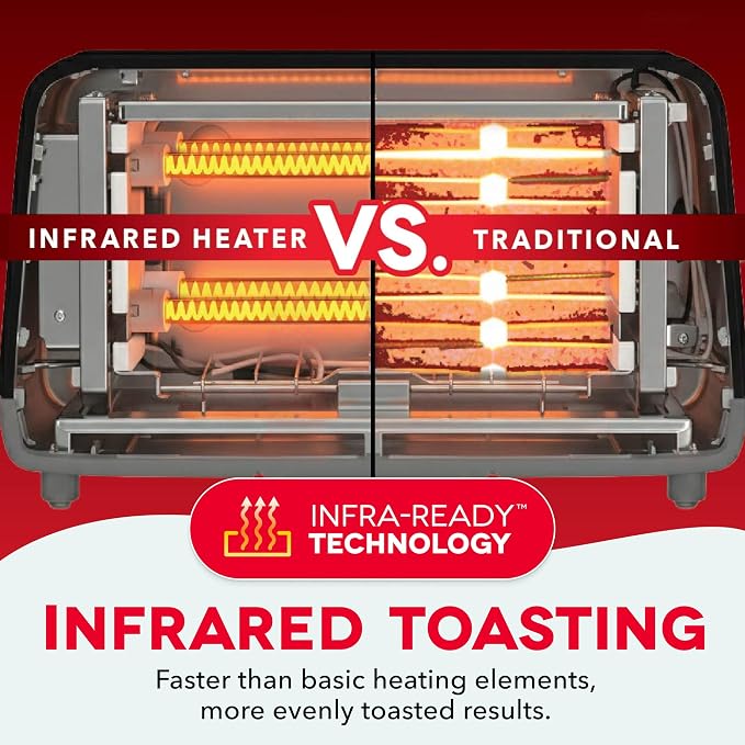 Dash Clear View Toaster | 10" Long Slot 2 Slice Toaster with See-Through Glass Window, 7 Browning Levels, Bagel, Defrost & Reheat Functions, Removable Glass Panel, Crumb Tray, Red