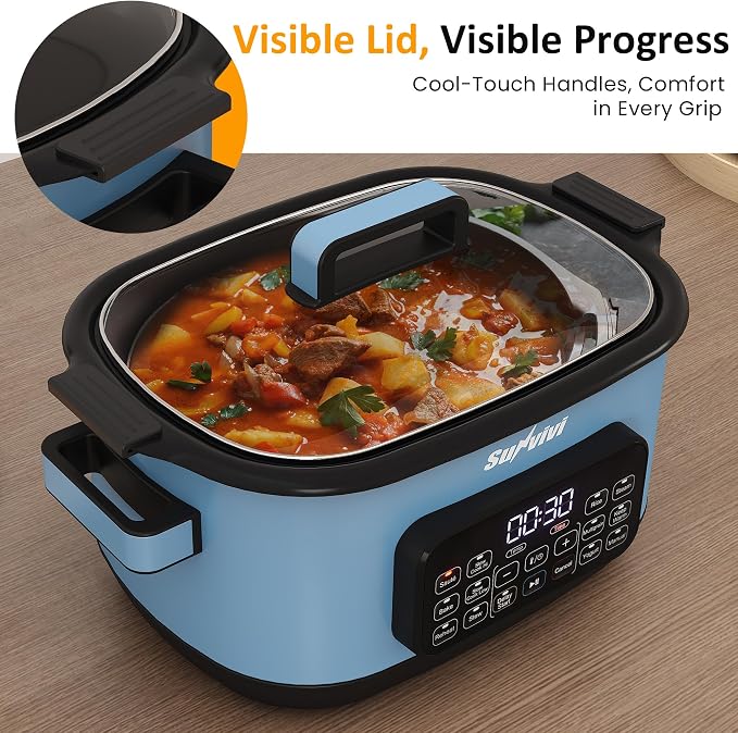 Sunvivi 12-in-1 Programmable Slow Cooker 6.5QT with Timer & Keep Warm | Multicooker with Timer & Temp Control, Dishwasher Safe Lid & Removable Nonstick Crock, Stainless Steel Rack, Blue