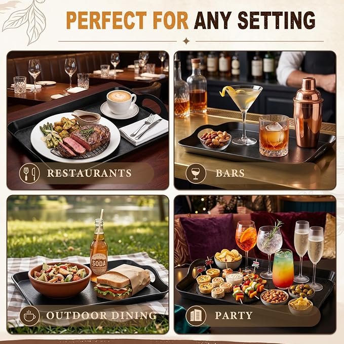 Kathfly 12 Pack 16" x 11" Serving Trays with Handles, Plastic Tray, Black | PP Material, Anti-skid Texture, Decorative Food Tray, for Restaurant, Hotel, Kitchen, Party; Not Microwave/dishwasher Safe