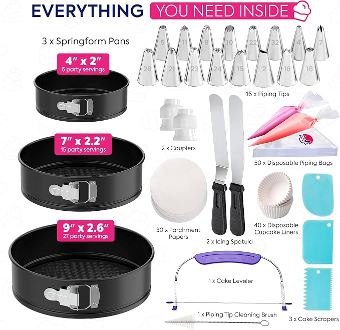 148PCs Cake Pan Set for Baking, 3 Non-Stick Springform Pan Set (4, 7, 9 Inches), Cake Decorating Kit, Piping Bags and Tips Set, Cake Leveler, Multi-functional Leak-Proof CheeseCake Pan (148)