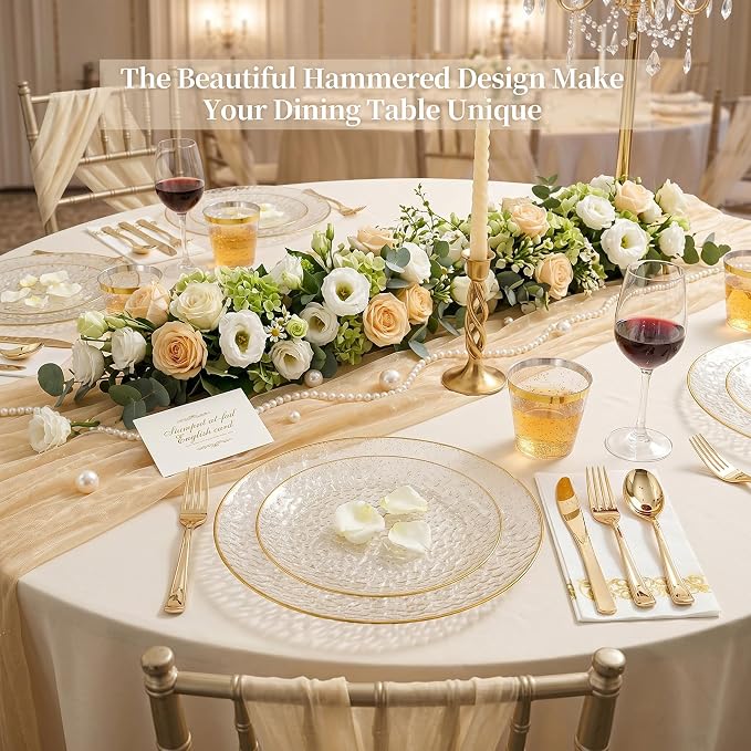 DaYammi 175PCS Clear Gold Glitter Plastic Dinnerware Set, Plastic Plates Disposable Hammered Plates for Party, Include: 25 Dinner Plates 25 Dessert Plates 75 Gold Silverware 25 Napkins 25 Cups