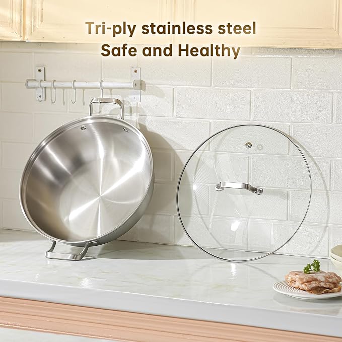 Yeksum Tri-Ply Stainless Steel Saute Pan,Deep Frying Pan with lid,Compatible with All Cooktops Up to 650℉, Everyday Pan,Hot Pot,Kadhai,Induction Cooking Pot,Dishwasher and Oven Safe (4QT)
