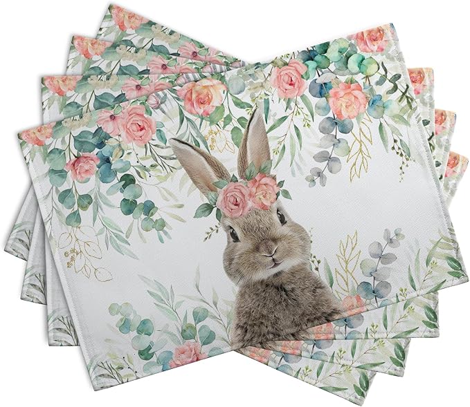 Easter Bunny Placemats Set of 4 Eucalyptus Leaves Rabbit Rose Place Mats 12x18 Inch Spring Seasonal Vintage Farmhouse Heat Resistant Washable Table Mats for Party Kitchen Dining