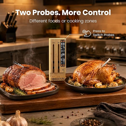 WiFi Sub-1G Wireless Meat Thermometer Unlimited Range 7 NIST Certified Sensors with Ambient Temp 2 Temp Monitoring Ways Digital Smart Base and App for BBQ, Smoker, Grill, Oven (Dual Probes)