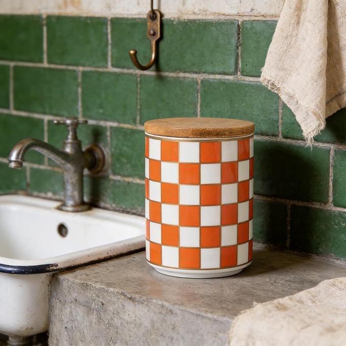 Kitchen Countertop Ceramic Checkered Canisters,Black And White Food Storage Containers With Lid,Airtight Kitchen Canisters for Flour, Sugar, Coffee, Tea, and Dry Goods (Orange, Small)