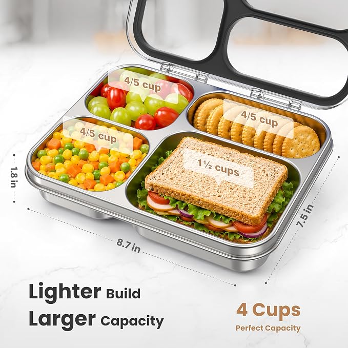 HOMEKOL Stainless Steel Bento Lunch Box, 4 Cups, Black | 4-Compartment Leak-Proof Metal Lunch Container for Kids & Adults, BPA/BPS-Free, Dishwasher Safe, Clear Lid, (Not Insulated)