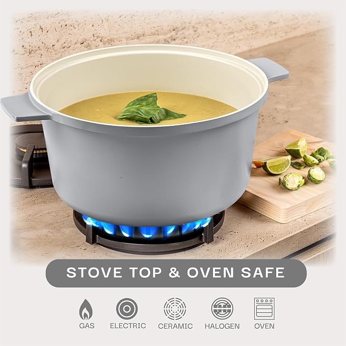 GOTHAM STEEL 5 Qt Dutch Oven Pot with Lid, Ceramic Nonstick, Gray | Lightweight, Non Toxic PFOA/PFOS/PTFE Free, Self Basting Lid, Induction Compatible, Dishwasher and Oven Safe