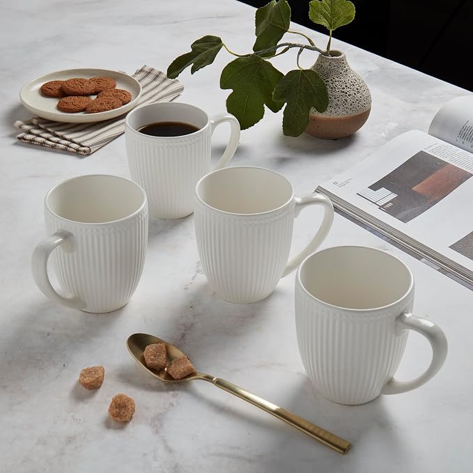 Tabletops Gallery 4 Piece Embossed White Chip Resistant Porcelain Mug Set | Dishwasher safe