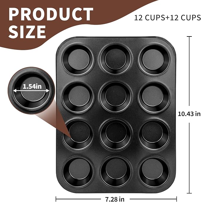 2 Pack 12-Cup 4/6/24/48 Cups Mini Muffin Pan, Heavy-Duty Carbon Steel Nonstick Cupcake Baking Pan, 1.54” Small Size Cups, Even Heat Distribution, Oven & Dishwasher Safe