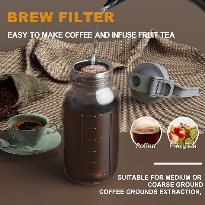 Cold Brew Coffee Maker, 64 oz Glass Mason Pitcher | 100μm stainless steel filter, wide mouth design, leak-proof lid with handle, pour spout for iced coffee, tea and cold drinks
