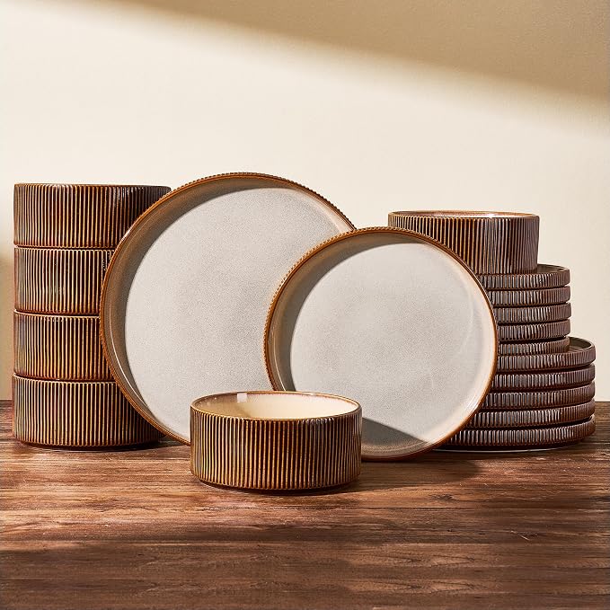 Dinnerware Set for 6, Ceramic Ribbed Plates, Bowls, Dishes | 18-Piece Stoneware Dinner Sets, Handmade Reactive Glaze, Microwave & Dishwasher Safe, Chip & Scratch Resistant, Cream Brown