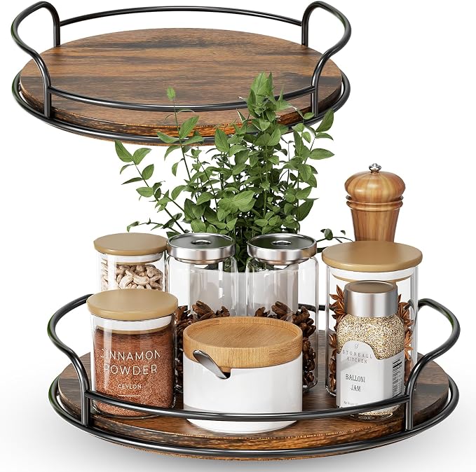 LAMU 2 Pack 9'' 11'' Lazy Susan Turntable Organizer for Table Top Cabinet, Wooden Lazy Susan for Kitchen, Pantry, Countertop, Bathroom Vanity, Spice Organization, Wood Decor