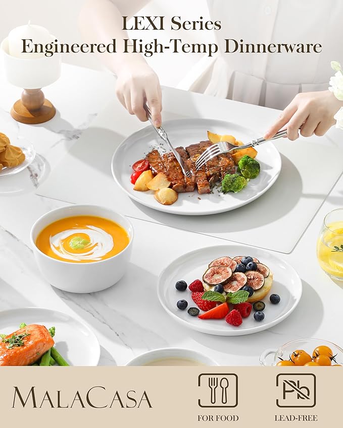 MALACASA 24-Piece Dinnerware Set for 8, White Porcelain Dishes | High-Fired Porcelain, Chip and Scratch Resistant, Microwave and Dishwasher Safe, Dinner, Salad Plates and Cereal Bowls