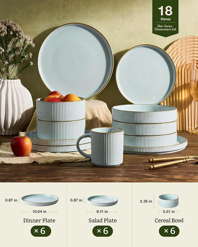 Famiware Stoneware Dishes Dinnerware Sets for 6, Plates and Bowls with Trim | 18pc Ceramic Dinner Set with Lipped Edges, Chip & Scratch Resistant , Microwave & Dishwasher Safe, Everyday Formal Use, Blue