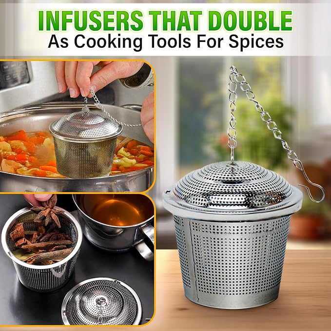 Tea Infuser Set of 2 (1 Large, 1 Small) with Scoop, Stainless Steel | Loose Leaf Tea Strainer Set; Extra Fine Mesh Holes, Extended Chain, Sleek & Shiny Surface; for Herbs, Spices & Cooking