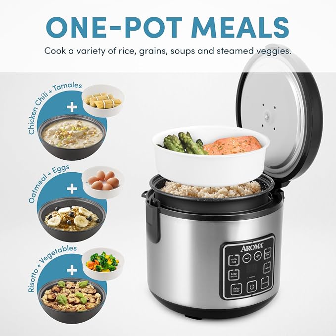 AROMA® 8-Cup (Cooked) / 2 Qt. Digital Rice & Grain Multicooker, Durable Nonstick Inner Pot, Oatmeal, Steam, White & Brown Rice, Keep Warm