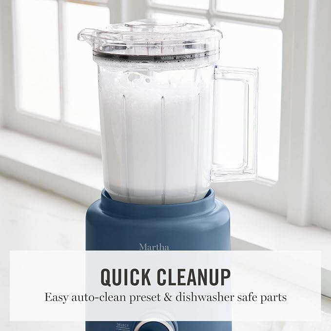 Martha Stewart 50oz Countertop Blender, 3 Speeds, 5 Presets, Indigo Blue | BPA-Free Pitcher, Smoothies, Margaritas, Milkshakes & Ice Crushing, Stainless Steel Blades, Auto-Clean, Dishwasher-Safe Parts