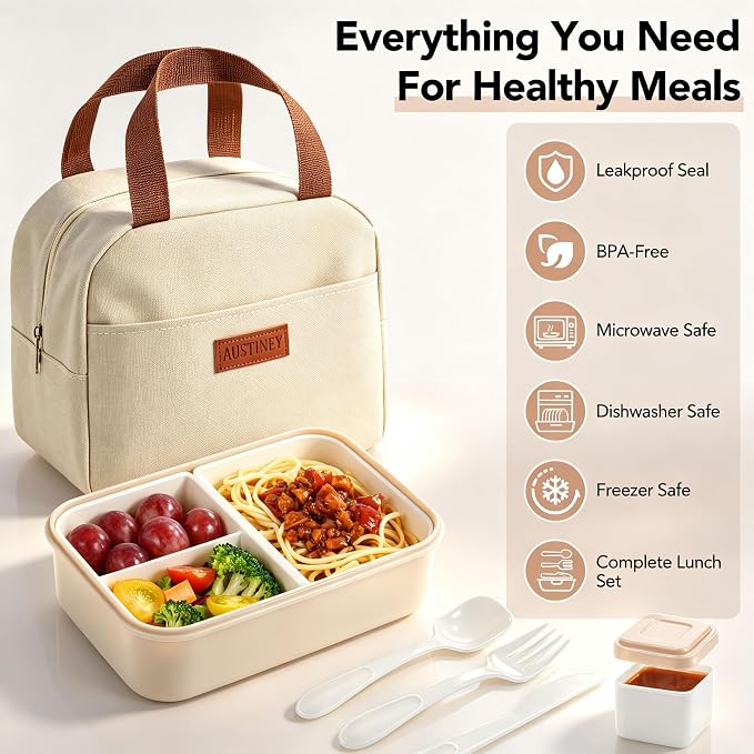 Bento Lunch Box Set for Adults & Kids with Insulated Bag Khaki | Includes lunch bag, spoon, fork, sauce box,BPA-free & dishwasher safe,For adults.child, school, work, office, travel, picnic