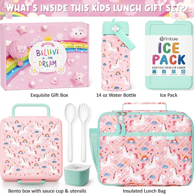 Fimibuke Kids Bento Lunch Box with Toddler Insulated Water Bottle Lunch Bag | Lunch Box Kids with 4 Compartments, Ice Pack & Utensils Set, Birthday Gifts for Ages 3-12 Back to School Toddler Girls Boys