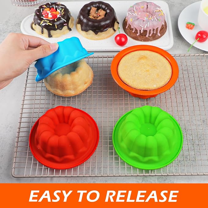 Webake 4 Inch Silicone Mini Fluted Cake Molds 8 Pack Fluted Tube Cake Pan, Non-stick Baking Cups Reusable Muffin Donut Pan