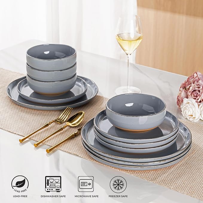 AmorArc Dinnerware Sets for 4, 12 Pieces Ceramic Plates and Bowls Set | Scratch Resistant Stoneware Dishes Set, Dishwasher & Microwave Safe,Gray