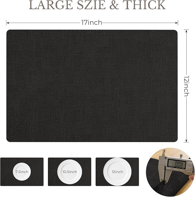 Romanstile Vinyl Placemats Set of 4-12 X 17 Inch - Faux Leather 100% Waterproof Wipeable Anti Slip Place Mats, Heat Resistant Reversible PU Table Mats for Kitchen Dining Party Outdoor, Black