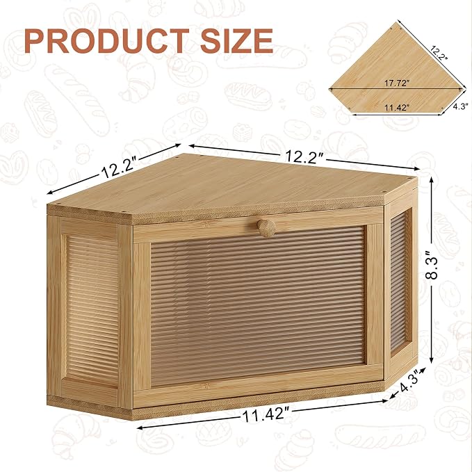 WOWLIVE Corner Bread Box, Bamboo Bread Storage with Acrylic Wavy Door | Breadbox for Kitchen Countertop, Large Farmhouse Bread Holder for Homemade Bread, Multi-functional Container, Natural