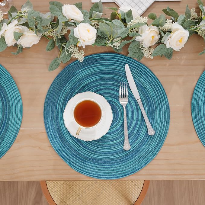 SHACOS 15 inch Round Placemats Set of 6 Variegated Multicolor Place Mats Cotton Polyester Braided Non Slip Washable Heat Resistant Table Mats for Home Wedding Dinner Party Table Decor, Rainbow Teal