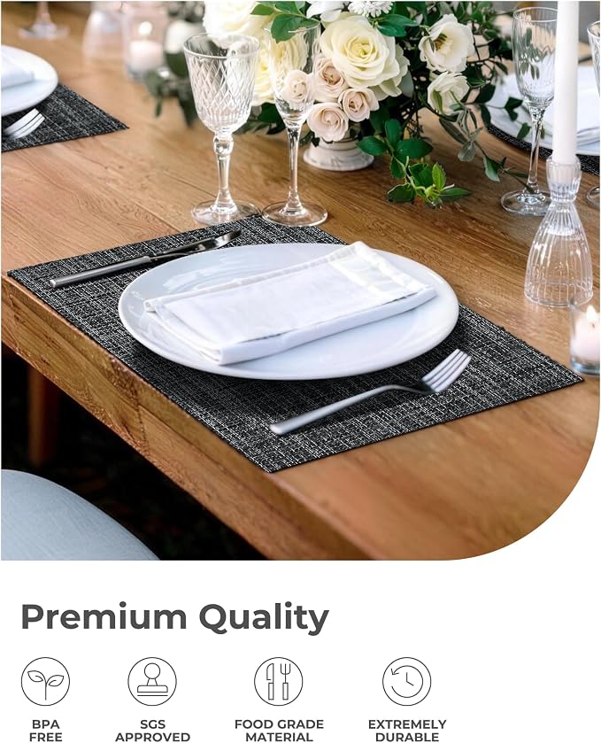 Leetaltree Black and Grey Woven Placemats Set of 12 - Heat Resistant Non-Slip Place mats for Dining Table, Washable Durable PVC Vinyl Woven Table Mats(Black & Grey, 12)