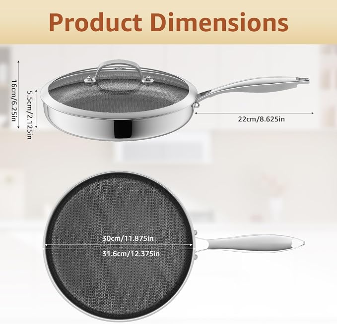 LOLYKITCH 12 Inch Hybrid Nonstick Frying Pan with Glass Lid | PFOA Free | Stainless Steel Skillet | Non-Toxic | Stay-Cool Detachable Handle | Dishwasher and Oven Safe | Induction Ready