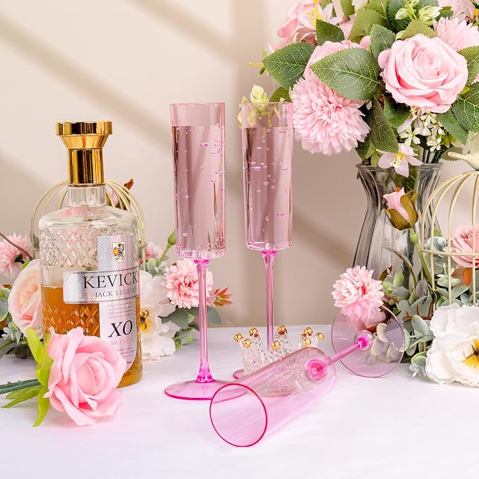 YOUBET 24Pack Pink Plastic Champagne Flutes 6 oz | Clear Pink Champagne Disposable Glasses - Square Plastic Toasting Glasses for Anniversary Party Birthday Wedding
