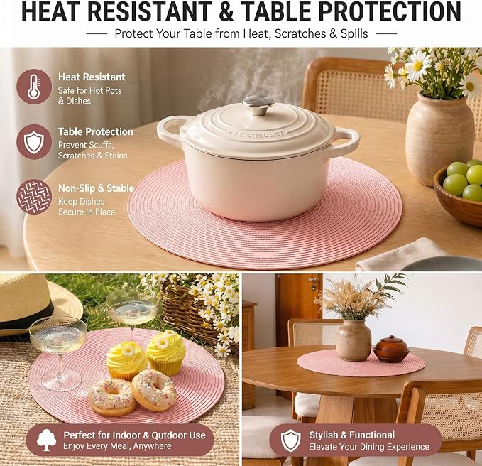 FunWheat Round Braided Placemats Set of 4 Table Mats for Dining Tables Woven Washable Non-Slip Place mats 15inch (Pink, 4pcs)