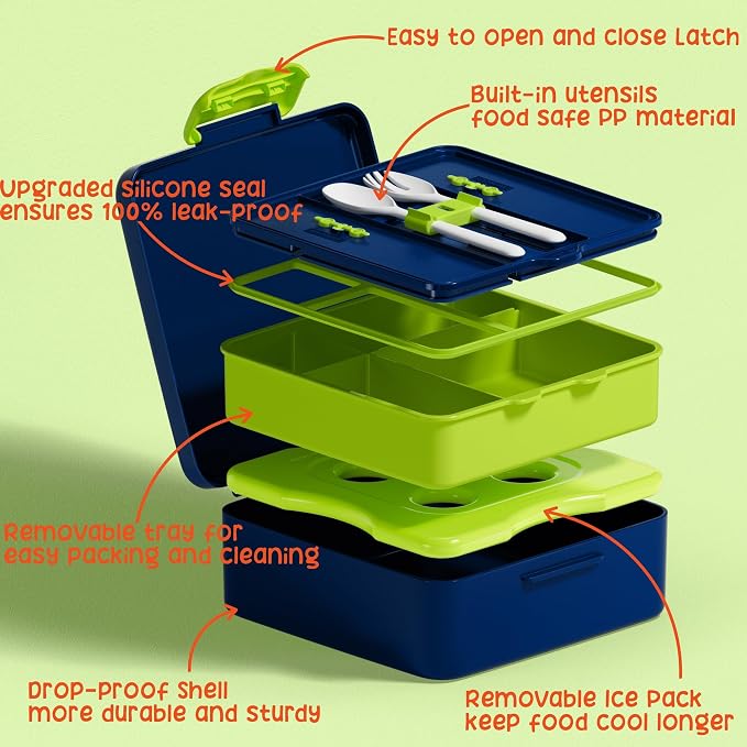 Fimibuke Chill Bento Box for Kids, Toddler Lunch Box with Built-In Ice Pack | Keep Cold Leak Proof BPA Free 4 Compartment Lunch Container with Utensil for Girl Boy School Adult, Microwave Dishwasher Safe