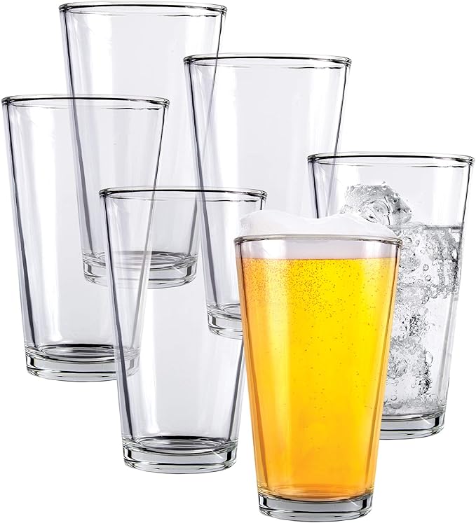 Kitchen Lux Pint Beer Glasses Set of 6 (16oz) Tall Clear Drinking Glasses | All Purpose Tumbler – Heavy Base for Ale, Cocktail, Water, Juice – Pub Style Design For Home Dining, Bars, and Parties