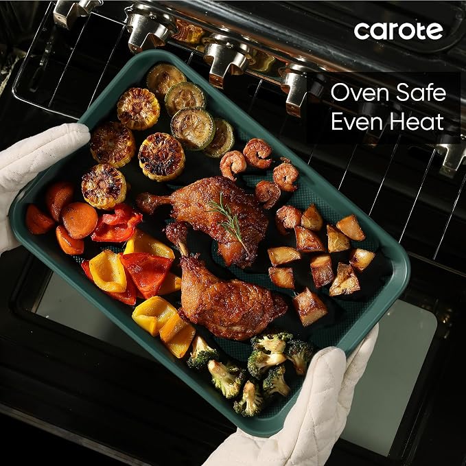 CAROTE 3-Piece Baking Sheet, Nonstick Cookie Sheets, Olive Green | 13, 15 & 17-Inch, Carbon Steel Baking Pans Set, Easy-Release, Oven Safe Up to 446°F, Even Heating, PFAS-Free, Space-Saving