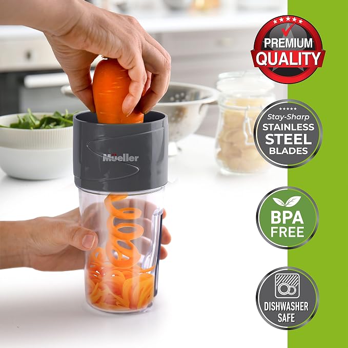 Mueller Spiralizer for Veggies, Salad Container for Lunch - All-In-One Food Prepper, Zucchini Noodle Maker, Vegetable Spiralizer, Comes with Fork, Salad Dressing Container/Spice-Nut Containers