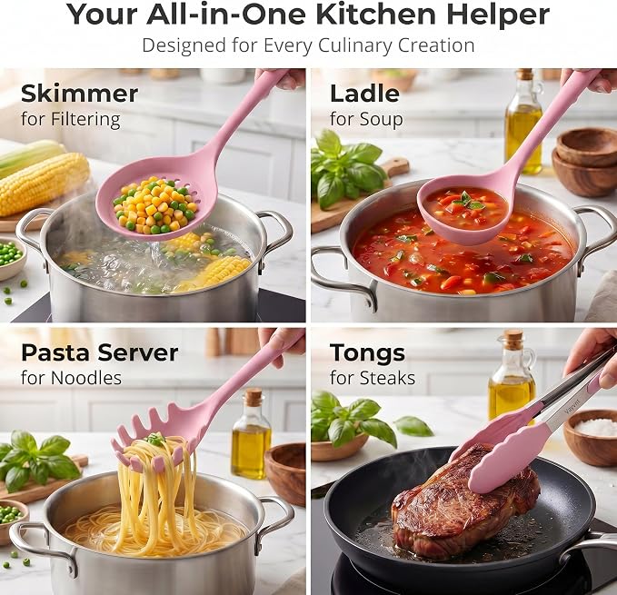 Vayvnt Cooking Utensils Set, 10PCS Non Toxic Silicone Set for Kitchen, Pink | Seamless construction, Soft Silicone for Nonstick Pan, Dishwasher Safe, Kitchen Gadgets for Home Apartment, Housewarming Gift
