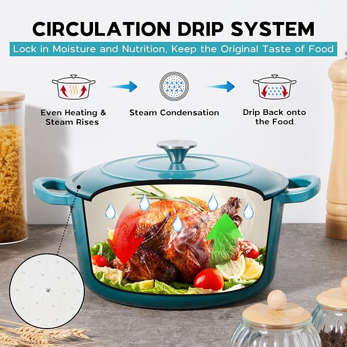 Onader 5QT Dutch Oven for Bread Baking, Enameled Cast Iron Round Dutch Oven Pot with Lid, Heavy Duty - Dark Cyan