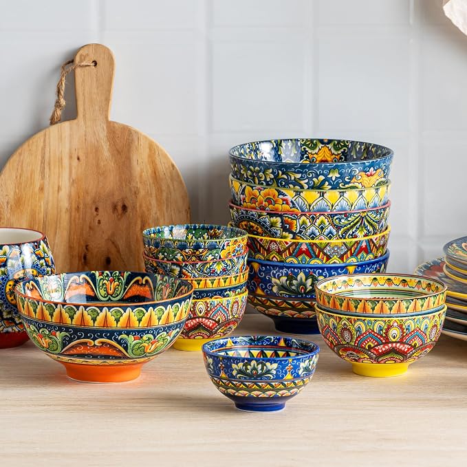 Henten Home Ceramic 5 oz Dipping Bowls, Boho Sauce Bowl Set of 6, Colorful Small Snack Bowls for Salsa, Appetizer, Decorative, Microwave & Dishwasher Safe