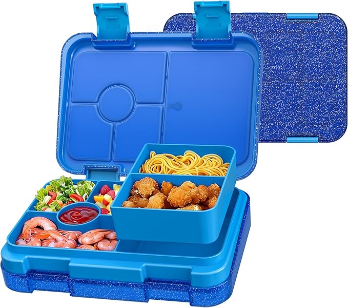 Bento Lunch Box, Snack Bento Lunch Containers Boxes, Shiny Blue | 5/6 Compartments, 3 Cups BPA Free, Dishwasher Safe, for Kids, Back to School, On-the-Go Meal, Ages 3+, School
