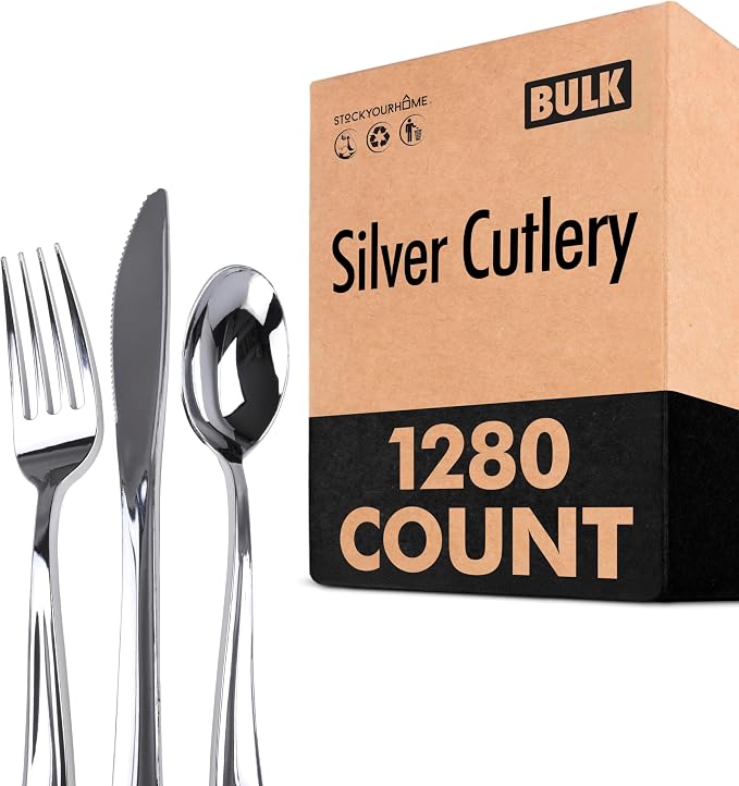 1280 Pack Silver Plastic Cutlery Disposable Silverware - 640 Forks, 320 Knives, 320 Spoons - For Catering, Parties, Dinners, Weddings, and Everyday Use, Stock Your Home