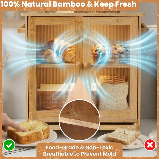 Bread Box for Kitchen Countertop: with Cutting Board Bamboo Storage Container for Homemade Bread, Two Layer Breadbox under Cabinet Mount, Large Bread Holder for Kitchen Counter, Pantry Shelf