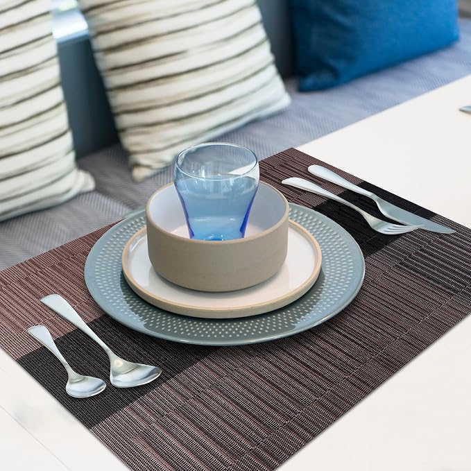 Aofmee Table Runner and Placemats Set of 6 Washable, Heat Resistant Place Mats with Table Runner, Woven Vinyl Table Placemats for Dining Table, Stain Resistant Kitchen Table Mats Sets, Easy to Clean